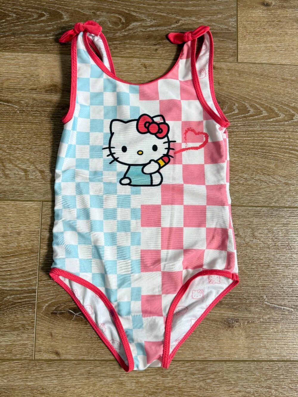 Hello Kitty Girls One Piece Swimsuit Sanrio Size 6 6x Checkered Bow Pink Blue  S